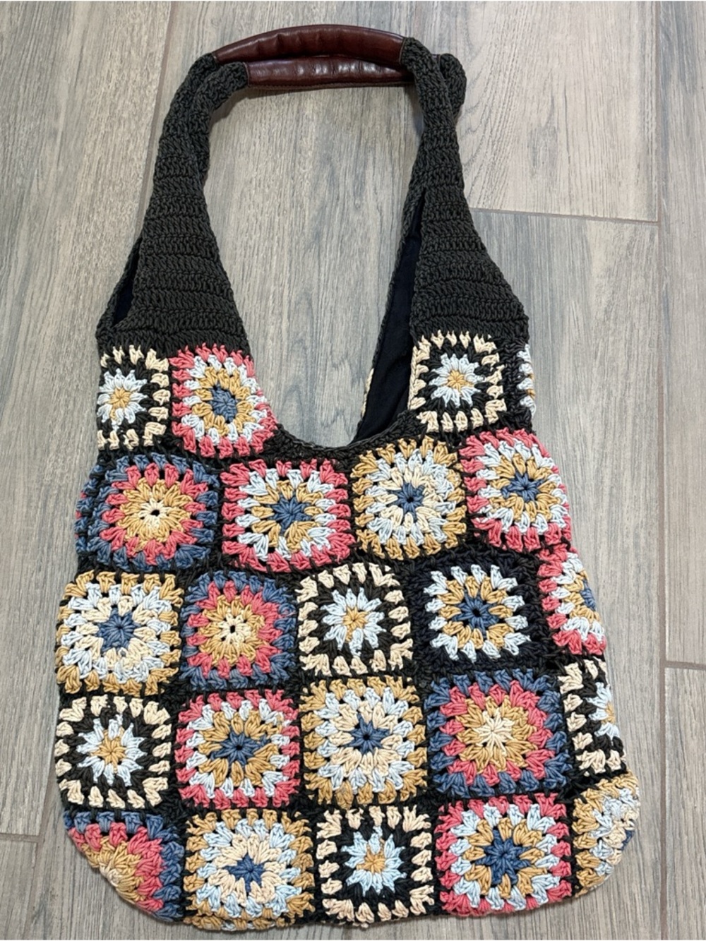 Free People Black Crochet Multi Color Granny Square Shoulder Bag